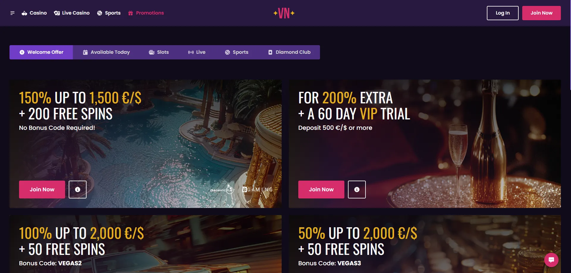 Vegas Now Casino Willkommensbonus bis 41.600 DKK und 500 Freispiele
